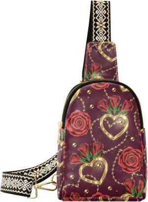 Sling Bag Leather Crossbody Bags Gold Chains Heart Rose Waist Packs Fanny Pack Chest Bag Travel Purse for Women Traveling Daily Shopping
