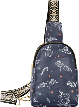 Sling Bag Leather Crossbody Bags Hand Drawn Pumpkins Bats Waist Packs Fanny Pack Chest Bag Travel Purse for Women Traveling Daily Shopping