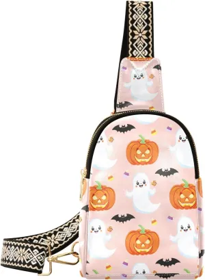 Sling Bag Leather Crossbody Bags Pumpkin Candy Ghost Waist Packs Fanny Pack Chest Bag Travel Purse for Women Traveling Daily Shopping