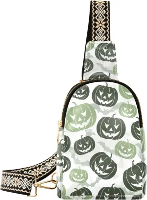 Sling Bag Leather Crossbody Bags Pumpkins Ghosts Green Waist Packs Fanny Pack Chest Bag Travel Purse for Women Traveling Daily Shopping
