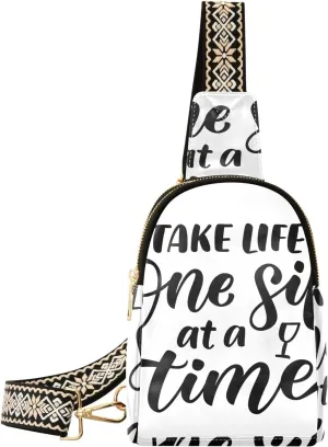 Sling Bag Leather Crossbody Bags Quote Take Life One Slip at A Time Waist Packs Fanny Pack Chest Bag Travel Purse for Women Traveling Daily Shopping