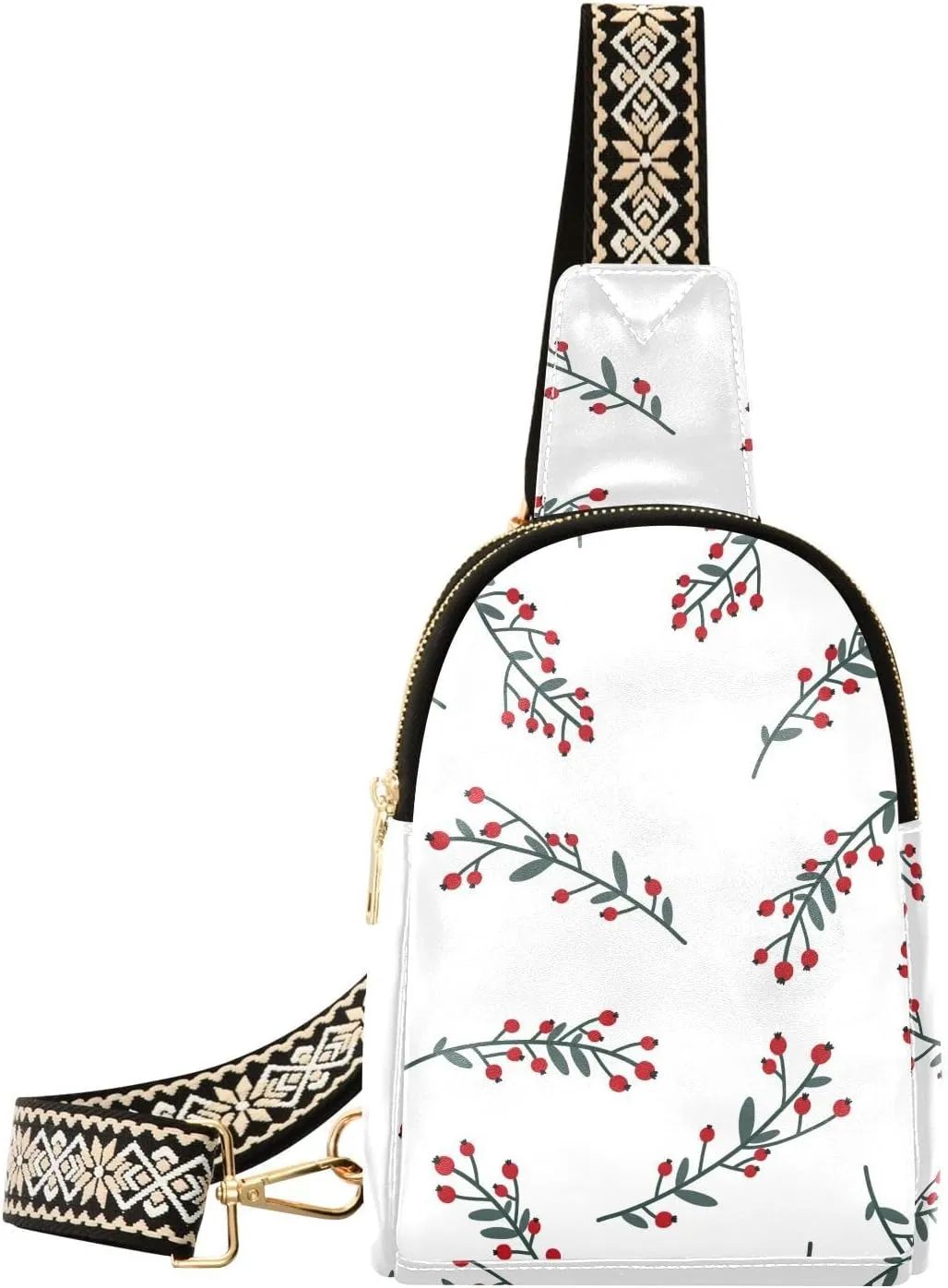 Sling Bag Leather Crossbody Bags Red Berries White Waist Packs Fanny Pack Chest Bag Travel Purse for Women Traveling Daily Shopping
