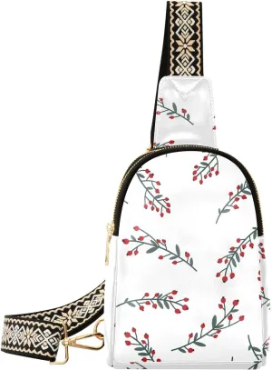 Sling Bag Leather Crossbody Bags Red Berries White Waist Packs Fanny Pack Chest Bag Travel Purse for Women Traveling Daily Shopping