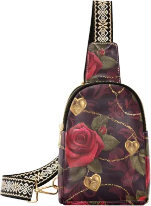 Sling Bag Leather Crossbody Bags Red Roses and Golden Heart Waist Packs Fanny Pack Chest Bag Travel Purse for Women Traveling Daily Shopping