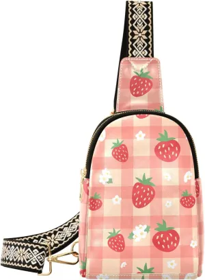 Sling Bag Leather Crossbody Bags Strawberry Pattern Checkered Waist Packs Fanny Pack Chest Bag Travel Purse for Women Traveling Daily Shopping