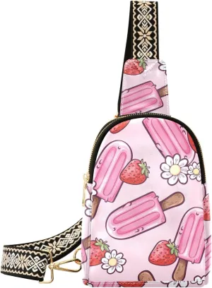 Sling Bag Leather Crossbody Bags Sweet Pink Ice Cream Waist Packs Fanny Pack Chest Bag Travel Purse for Women Traveling Daily Shopping