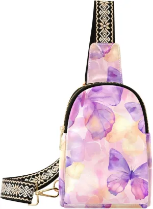 Sling Bag Leather Crossbody Bags Watercolor Pastel Purple Butterflies Waist Packs Fanny Pack Chest Bag Travel Purse for Women Traveling Daily Shopping
