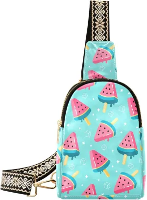 Sling Bag Leather Crossbody Bags Watermelon Ice Cream Waist Packs Fanny Pack Chest Bag Travel Purse for Women Traveling Daily Shopping