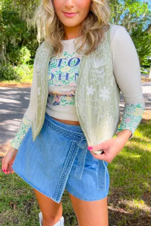 Slow Living Olive Embroidered Open Vest