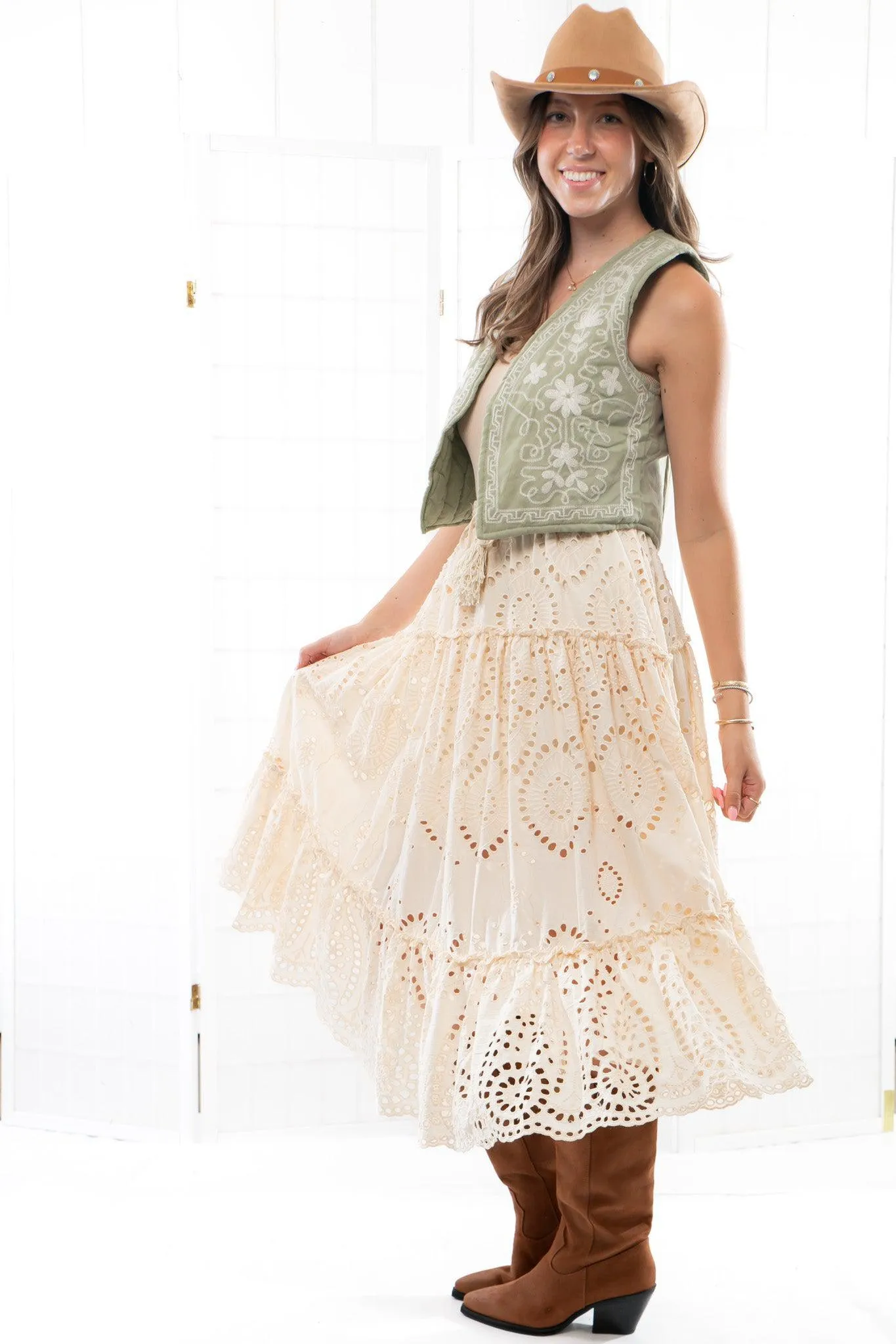 Slow Living Olive Embroidered Open Vest