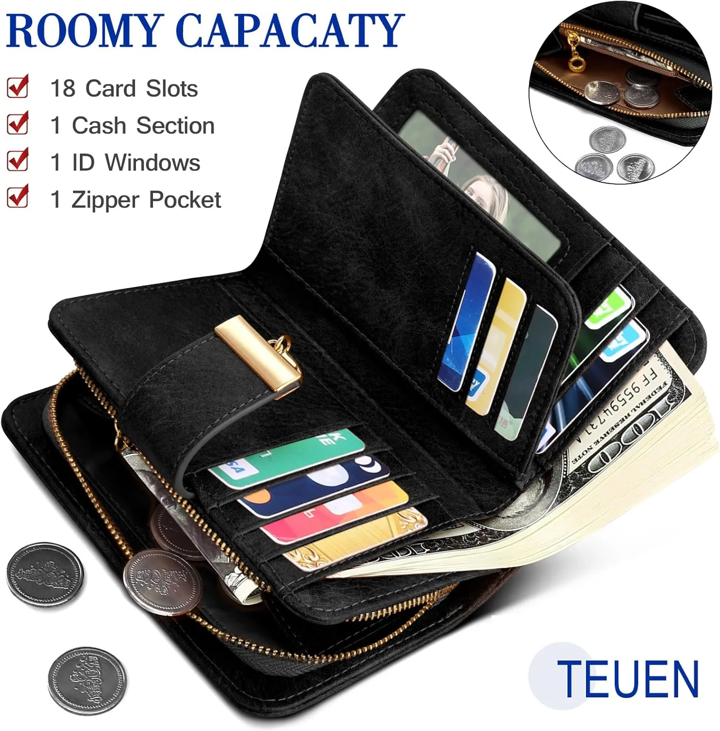 Small RFID Blocking Wallet for Women Leather Compact Bifold Wallet 18 Card Slots Ladies Wallets with Coin Pocket
