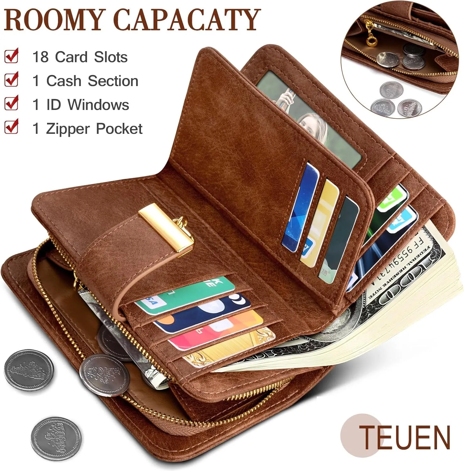 Small RFID Blocking Wallet for Women Leather Compact Bifold Wallet 18 Card Slots Ladies Wallets with Coin Pocket
