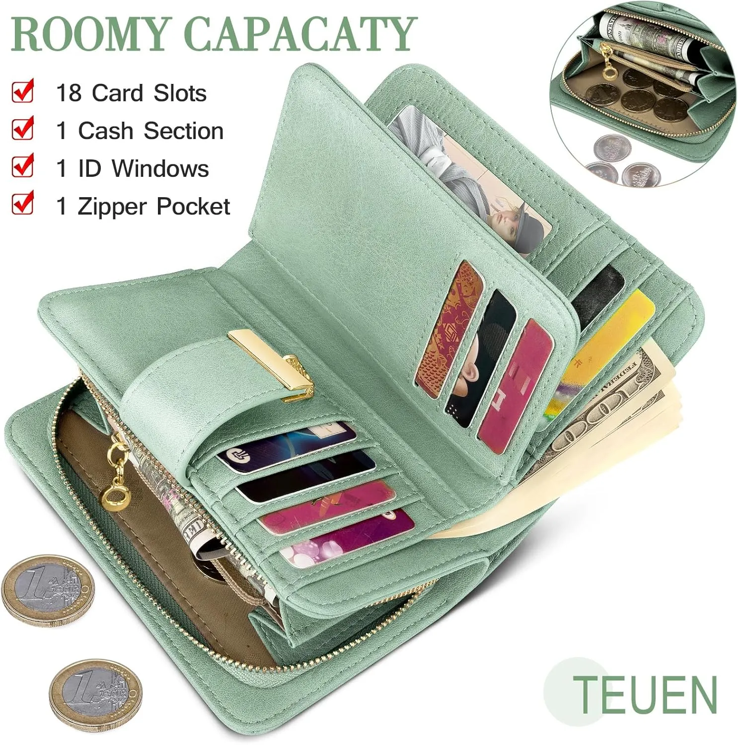 Small RFID Blocking Wallet for Women Leather Compact Bifold Wallet 18 Card Slots Ladies Wallets with Coin Pocket