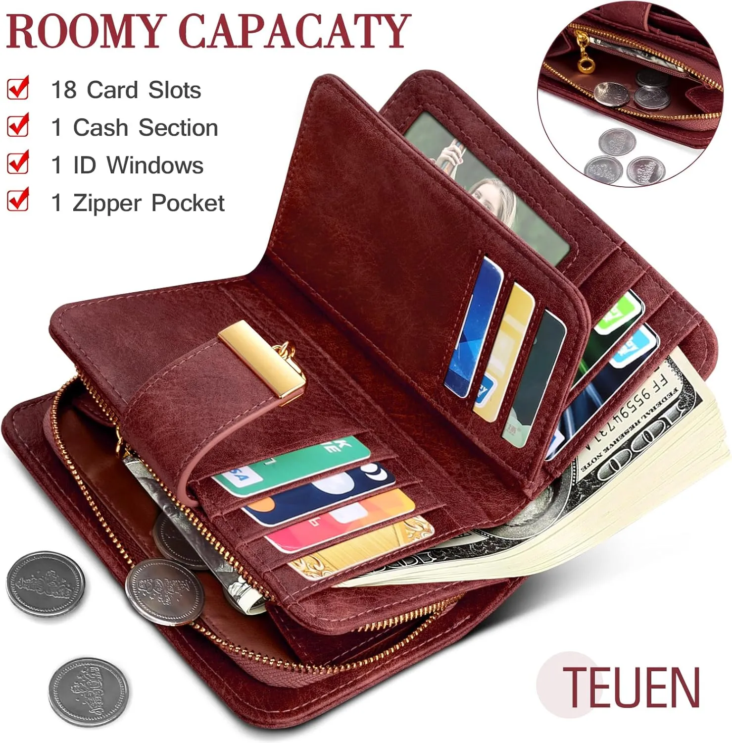 Small RFID Blocking Wallet for Women Leather Compact Bifold Wallet 18 Card Slots Ladies Wallets with Coin Pocket