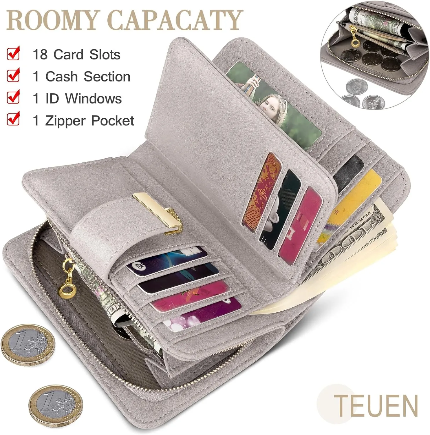 Small RFID Blocking Wallet for Women Leather Compact Bifold Wallet 18 Card Slots Ladies Wallets with Coin Pocket