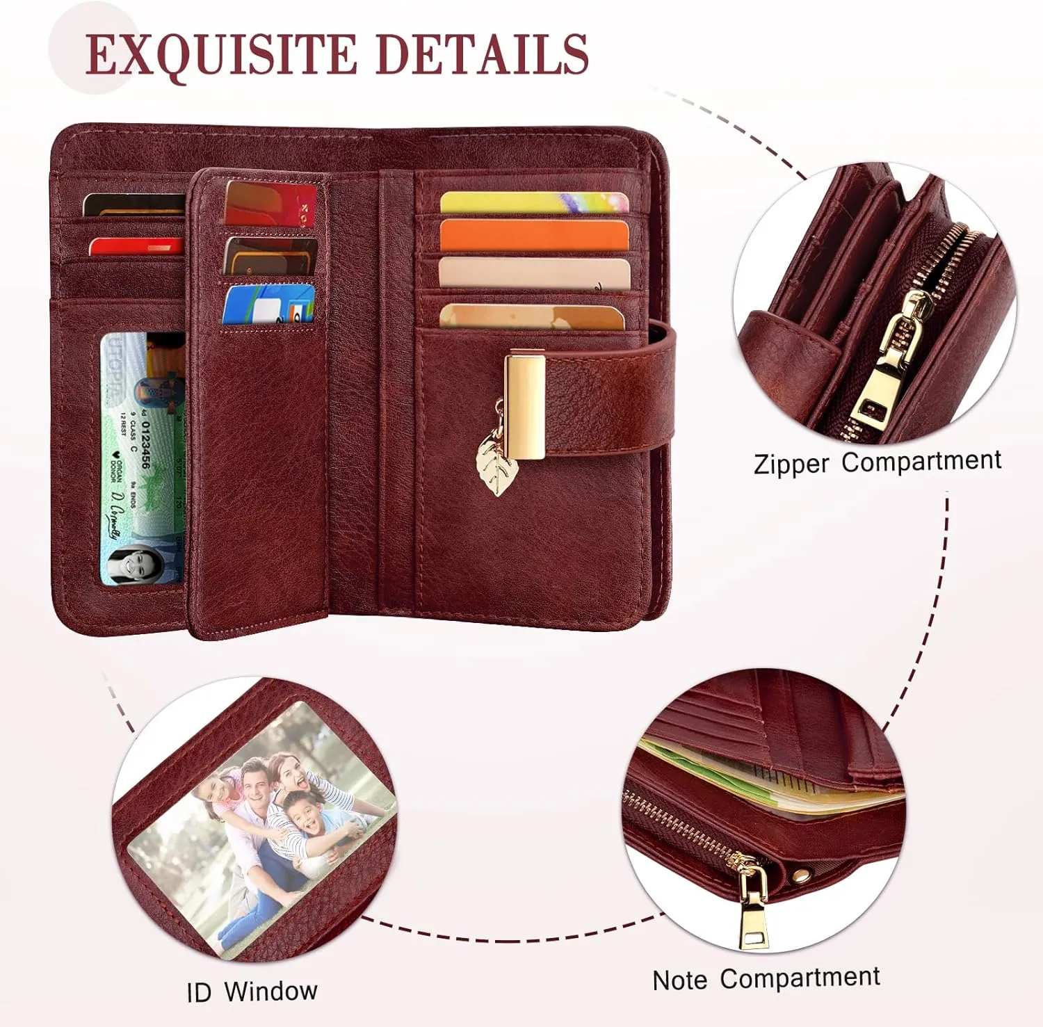 Small RFID Blocking Wallet for Women Leather Compact Bifold Wallet 18 Card Slots Ladies Wallets with Coin Pocket