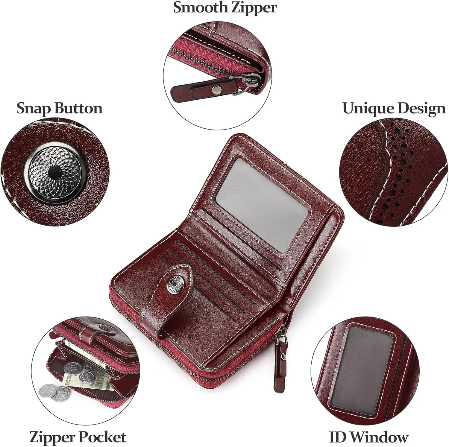 Small Wallet for Women Compact RFID Blocking Leather Bifold Zipper Pocket Wallet Card Case Purse