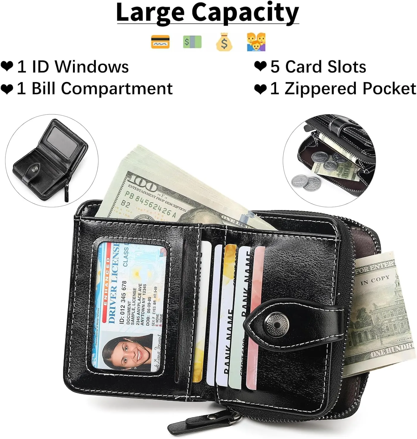 Small Wallet for Women Compact RFID Blocking Leather Bifold Zipper Pocket Wallet Card Case Purse