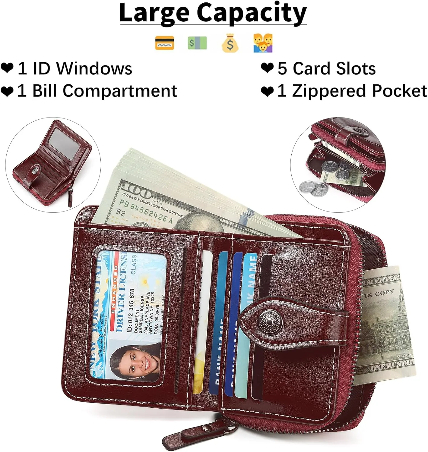 Small Wallet for Women Compact RFID Blocking Leather Bifold Zipper Pocket Wallet Card Case Purse