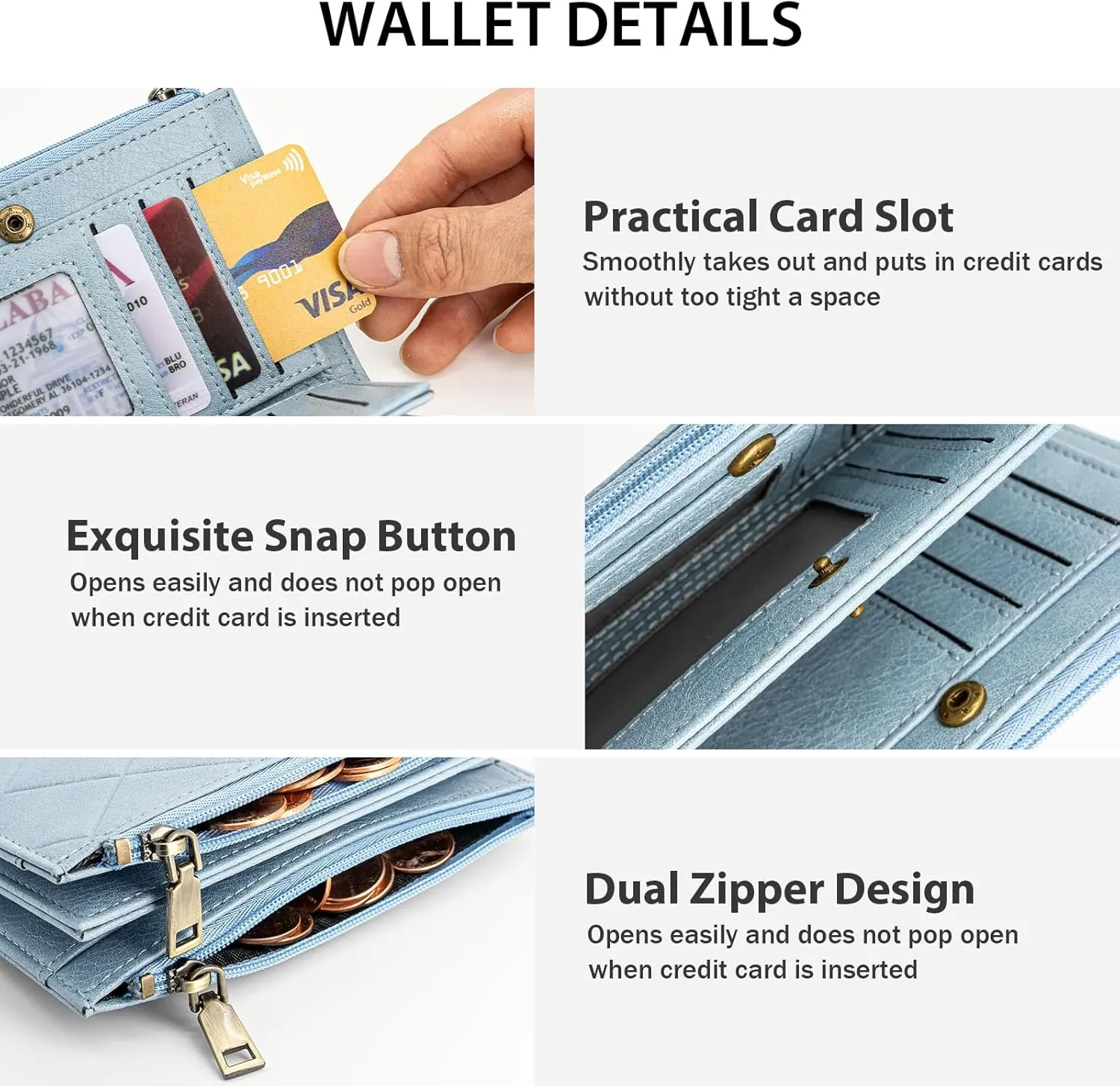 Small Wallet for Women RFID Blocking Leather Trifold Compact Ladies Wristlet Card Wallets with Dual Zipper Coin Pocket ID Window