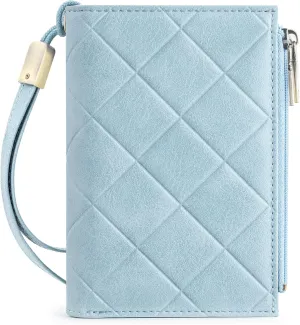Small Wallet for Women RFID Blocking Leather Trifold Compact Ladies Wristlet Card Wallets with Dual Zipper Coin Pocket ID Window