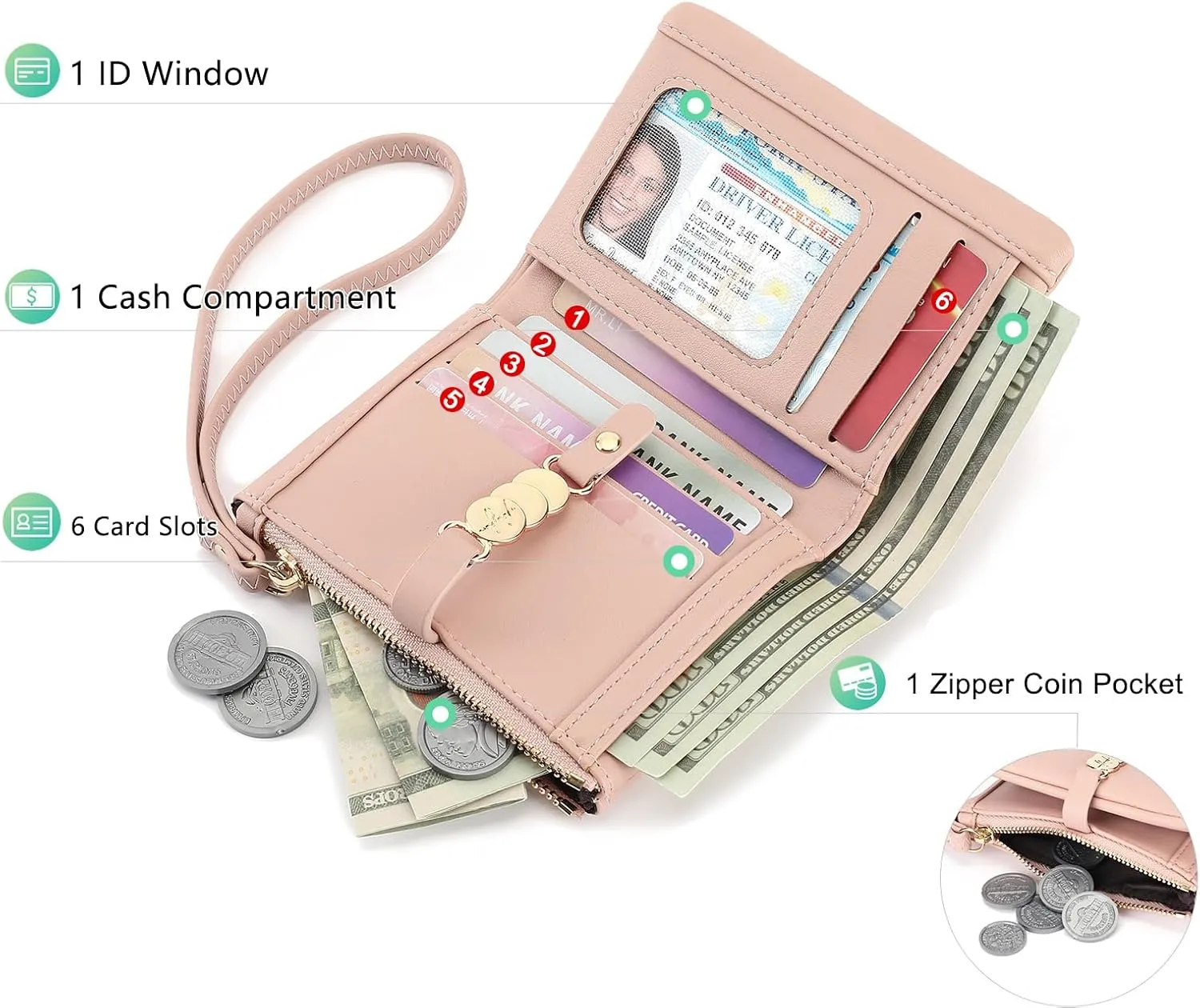 Small Women Wallet RFID Blocking Leather Bifold Compact Card Holder Ladies Purse with Zipper Coin Pocket
