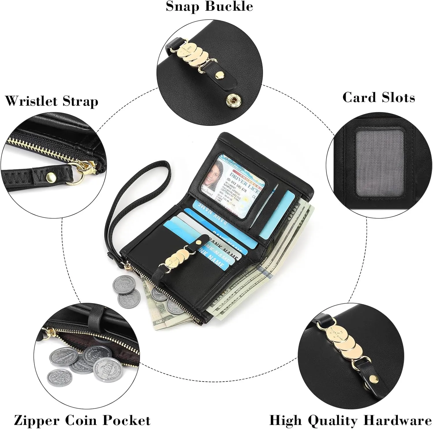 Small Women Wallet RFID Blocking Leather Bifold Compact Card Holder Ladies Purse with Zipper Coin Pocket