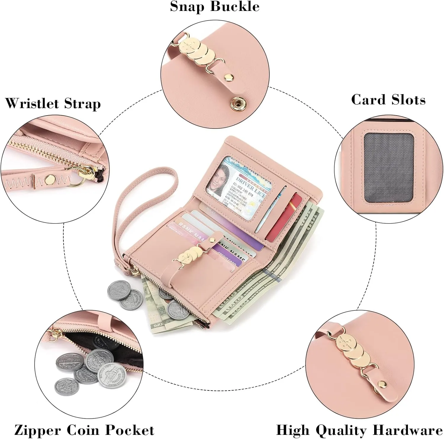 Small Women Wallet RFID Blocking Leather Bifold Compact Card Holder Ladies Purse with Zipper Coin Pocket