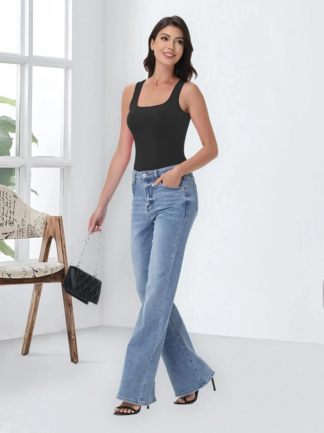 SMENG Womens Square Neck Tank Top Women Ribbed Slimt Fit Sleeveless Casual Summer Shirts