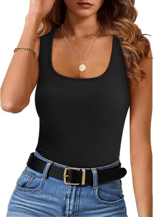 SMENG Womens Square Neck Tank Top Women Ribbed Slimt Fit Sleeveless Casual Summer Shirts