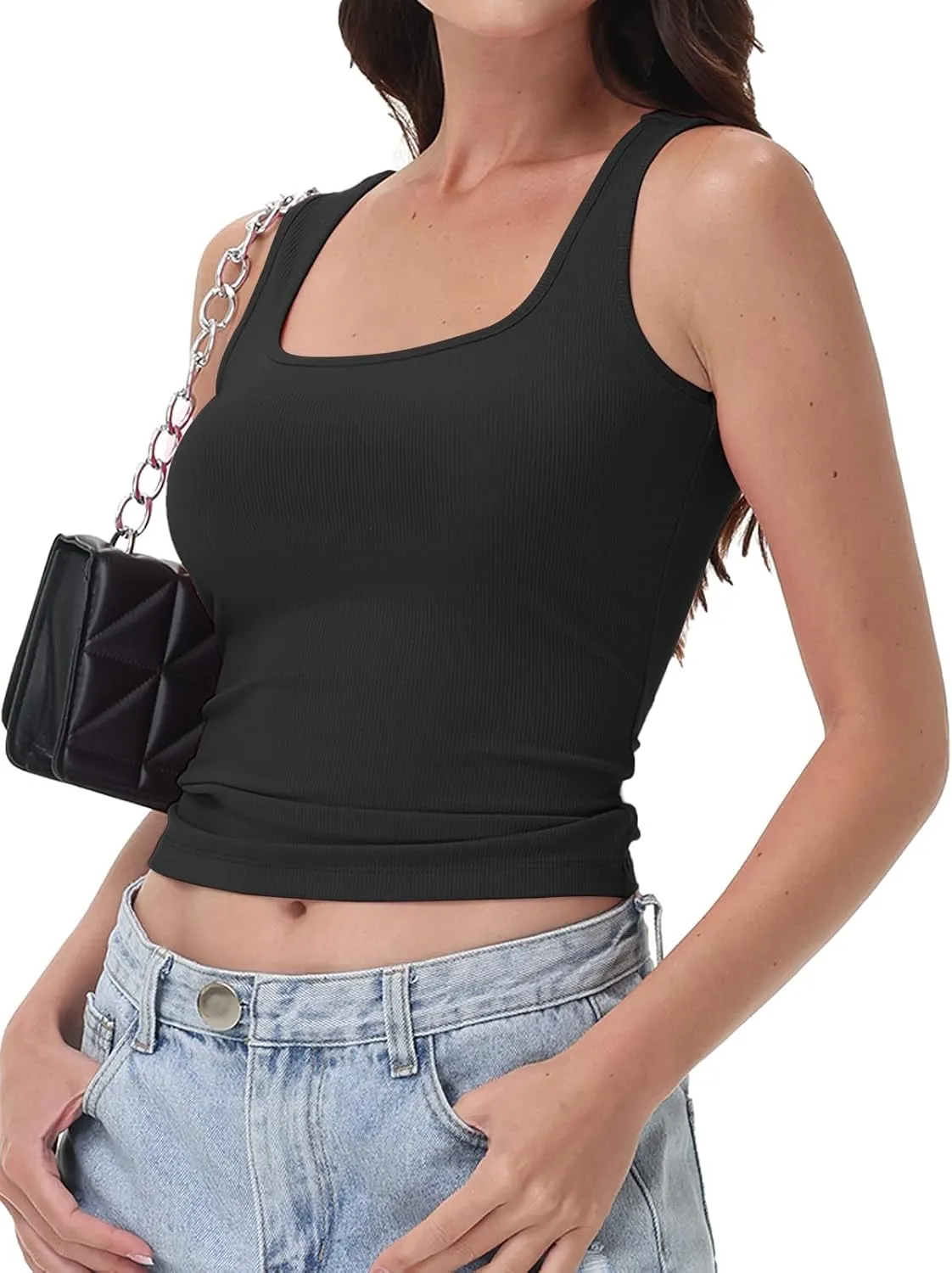 SMENG Womens Square Neck Tank Top Women Ribbed Slimt Fit Sleeveless Casual Summer Shirts