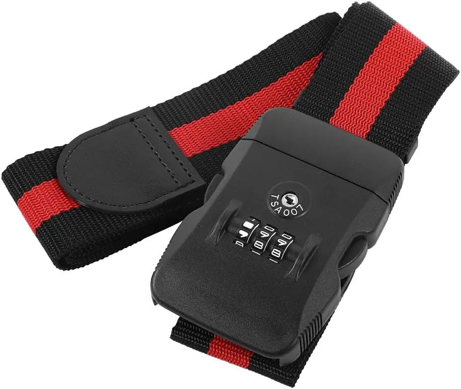 Sonew Travel Luggage Strap Cross Straps Adjustable Travel Packing Suitcase Bag Security Belt TSA Combination Lock(Black Red)