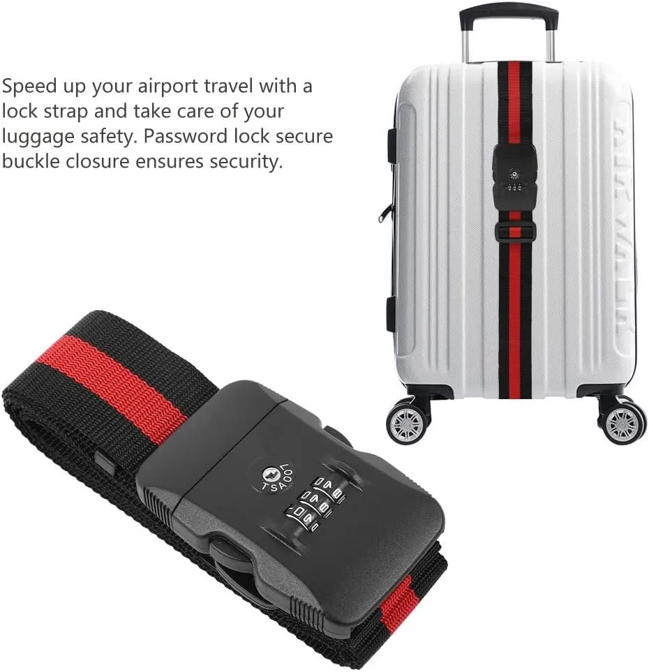 Sonew Travel Luggage Strap Cross Straps Adjustable Travel Packing Suitcase Bag Security Belt TSA Combination Lock(Black Red)