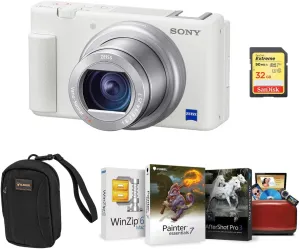 Sony ZV-1 Compact 4K HD Camera, White - Bundle with Alpine 2 Camera Bag, 32GB SDHC Card, Mac Software Package