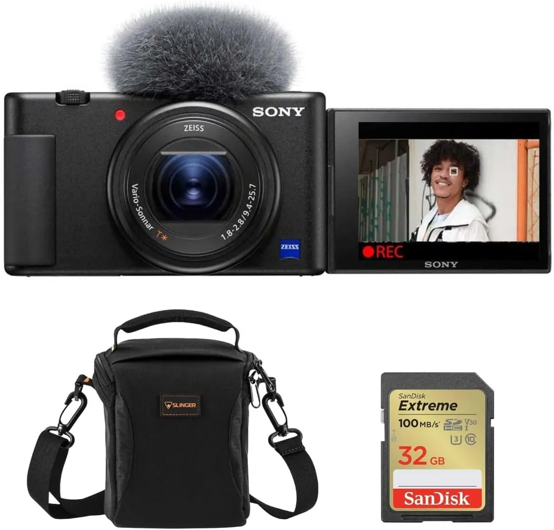 Sony ZV-1 Compact 4K HD Digital Camera, Black Bundle with Shoulder Bag, 32GB SD Card