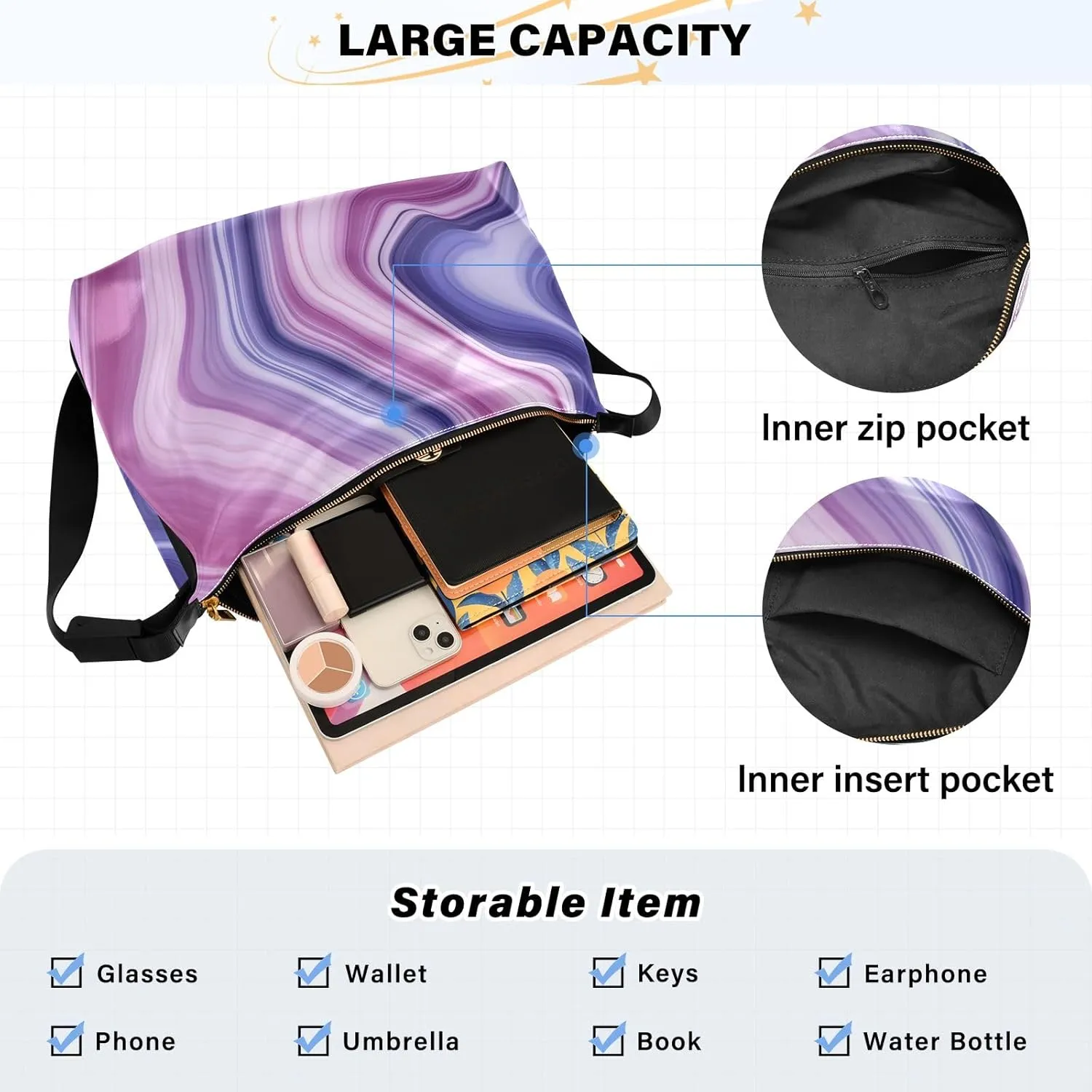 Stars in the Sky with Tree Shoulder Bag Leather, Leather Crossbody Shoulder Bag, Large Crossbody Bags Large Size