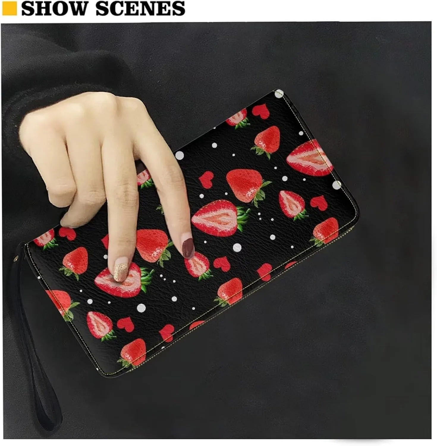Strawberry Wallet for Women,Black Wristlet Wallet Fruit Purse Smartphone Wallet Stylish PU Leather with Large Capacity for Shopping