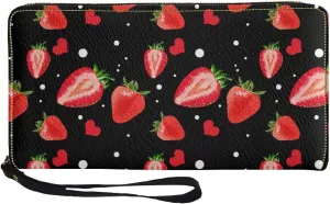Strawberry Wallet for Women,Black Wristlet Wallet Fruit Purse Smartphone Wallet Stylish PU Leather with Large Capacity for Shopping