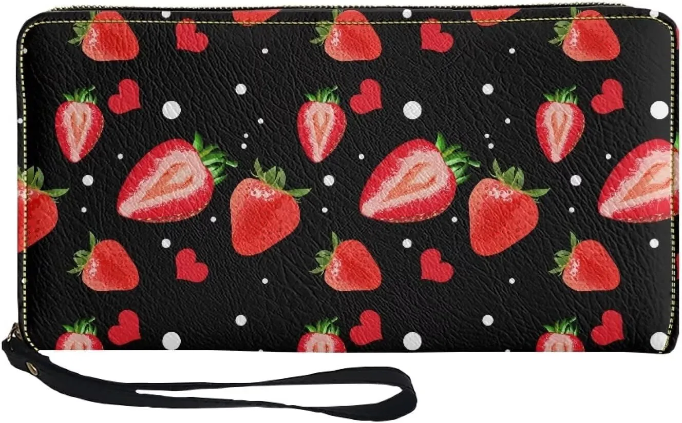 Strawberry Wallet for Women,Black Wristlet Wallet Fruit Purse Smartphone Wallet Stylish PU Leather with Large Capacity for Shopping