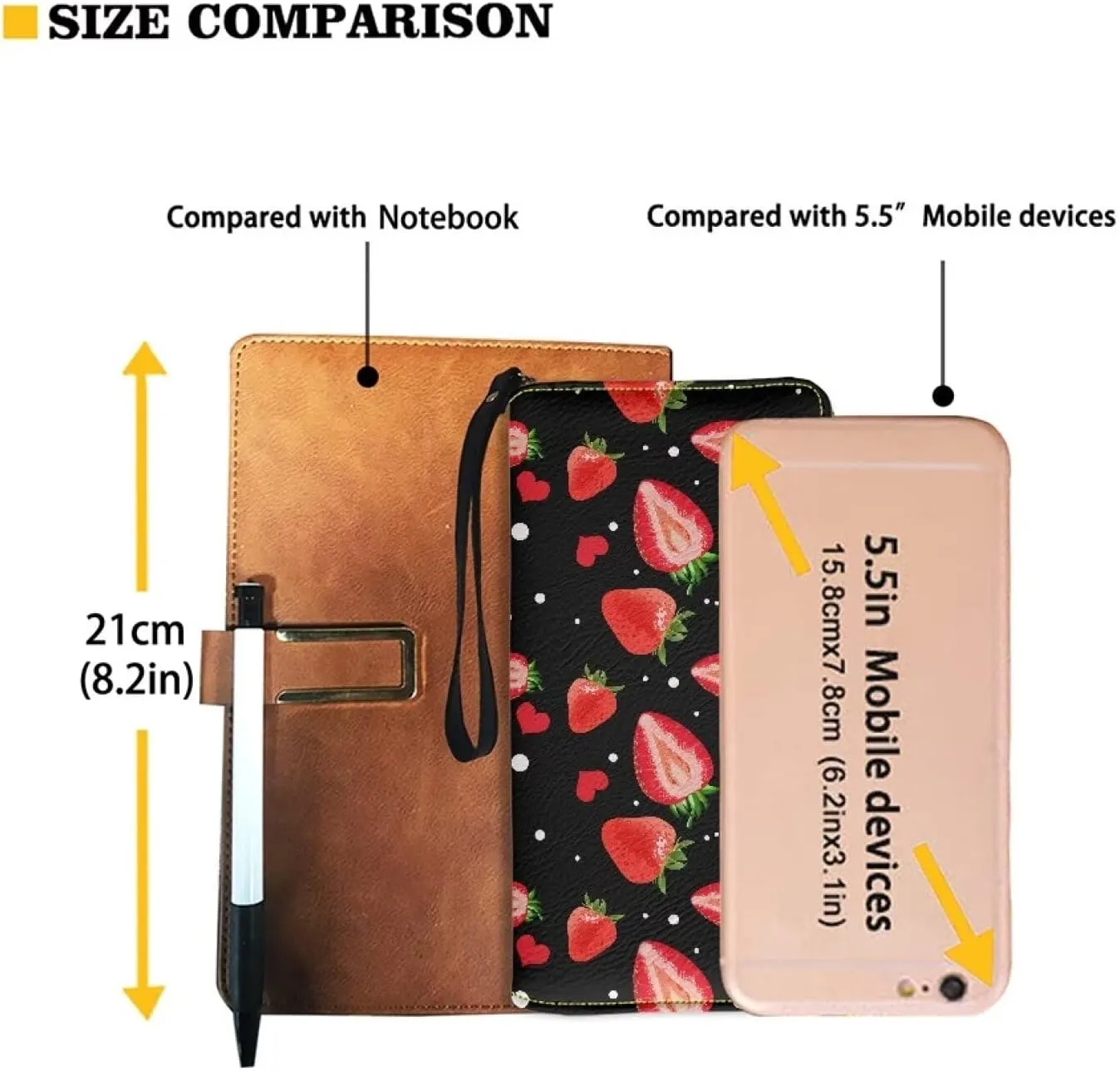 Strawberry Wallet for Women,Black Wristlet Wallet Fruit Purse Smartphone Wallet Stylish PU Leather with Large Capacity for Shopping