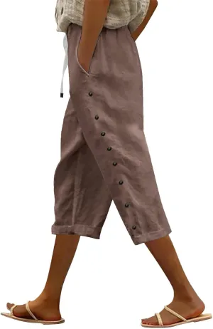 Striped Linen Capri Pants for Women 2025 Spring Summer Lightweight High Waist Drawstring Pants Comfy Cropped Trousers