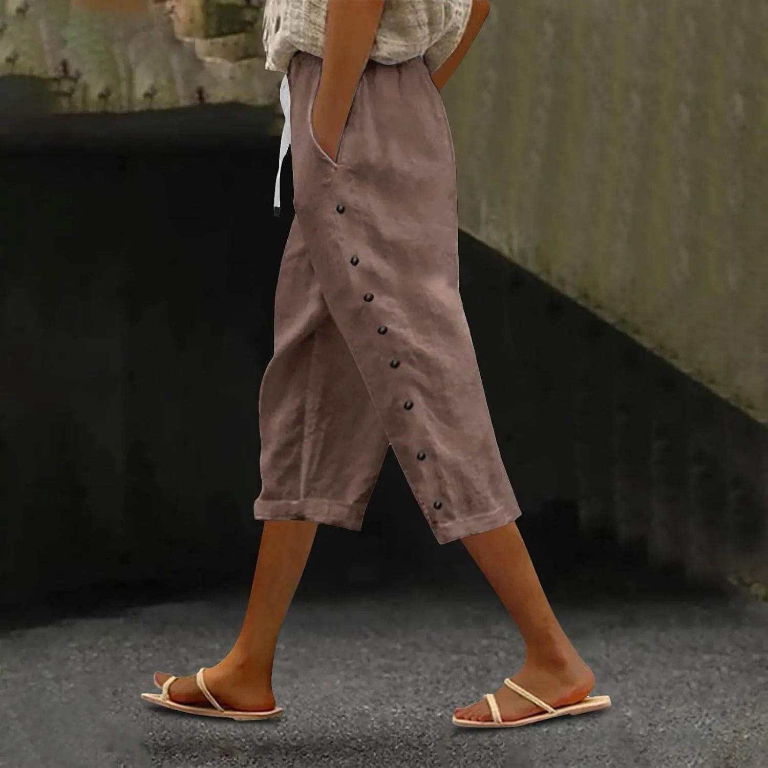Striped Linen Capri Pants for Women 2025 Spring Summer Lightweight High Waist Drawstring Pants Comfy Cropped Trousers