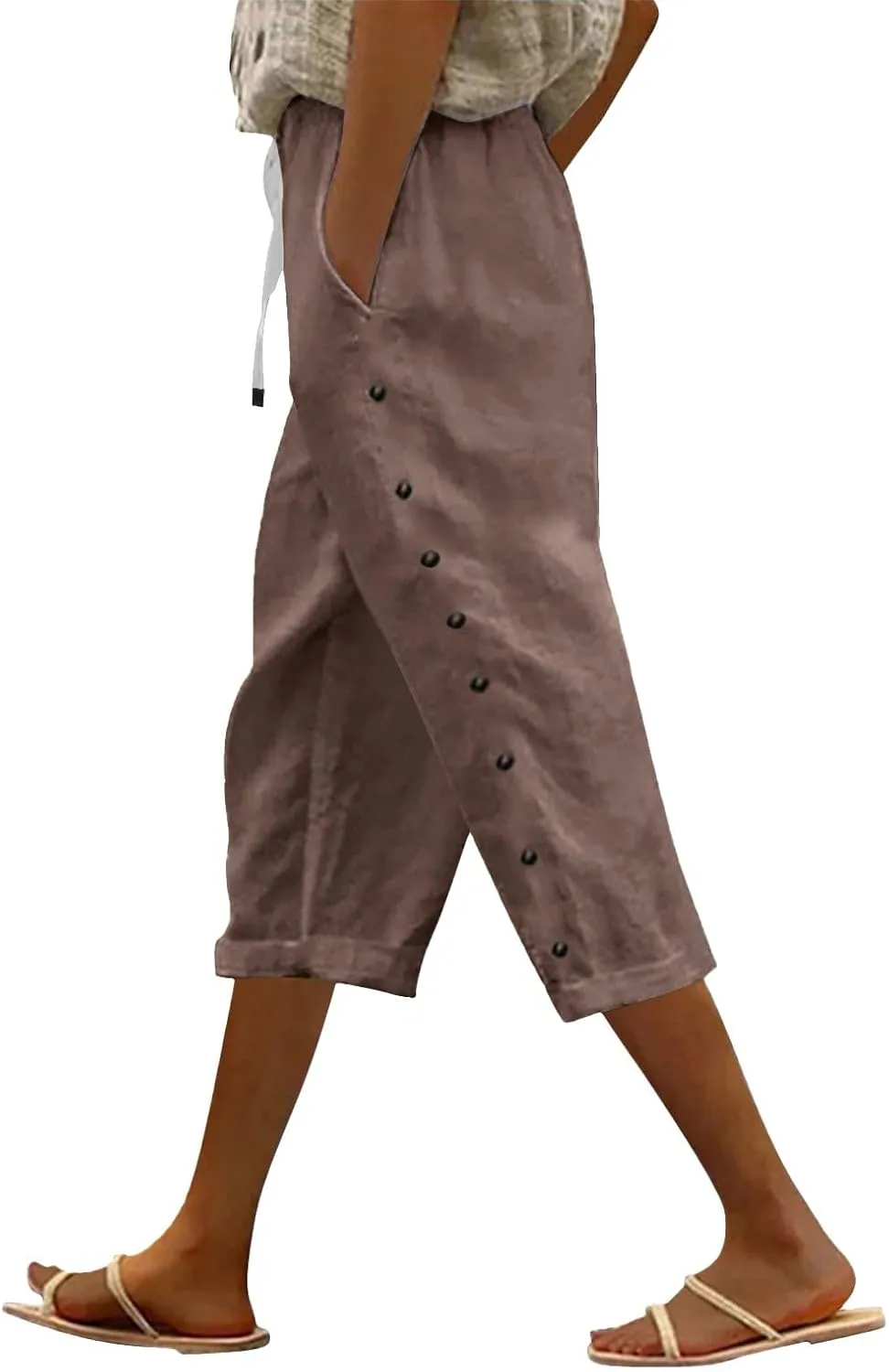 Striped Linen Capri Pants for Women 2025 Spring Summer Lightweight High Waist Drawstring Pants Comfy Cropped Trousers
