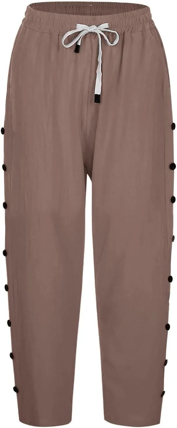 Striped Linen Capri Pants for Women 2025 Spring Summer Lightweight High Waist Drawstring Pants Comfy Cropped Trousers