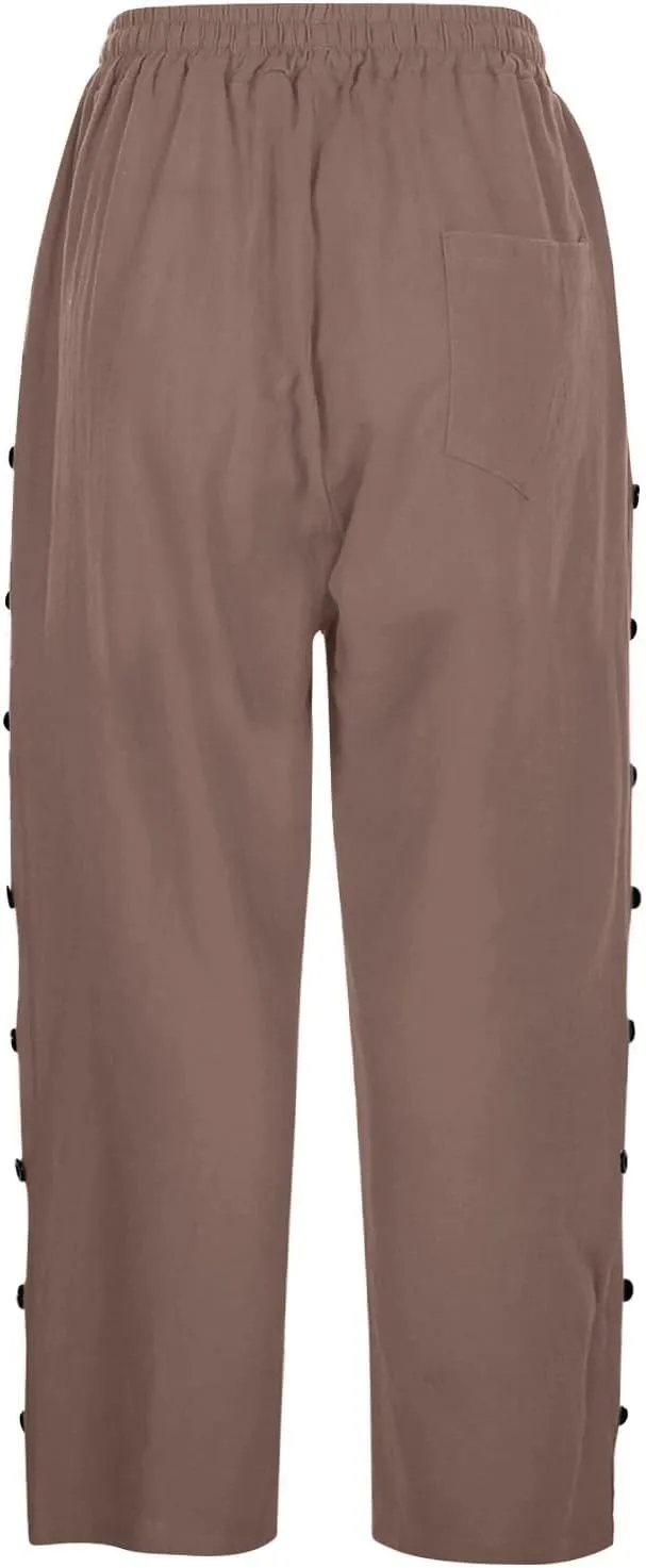 Striped Linen Capri Pants for Women 2025 Spring Summer Lightweight High Waist Drawstring Pants Comfy Cropped Trousers