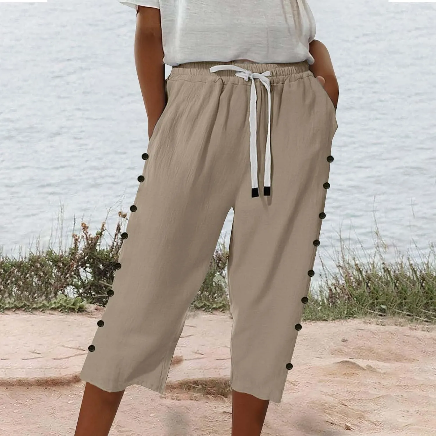 Striped Linen Capri Pants for Women 2025 Spring Summer Lightweight High Waist Drawstring Pants Comfy Cropped Trousers