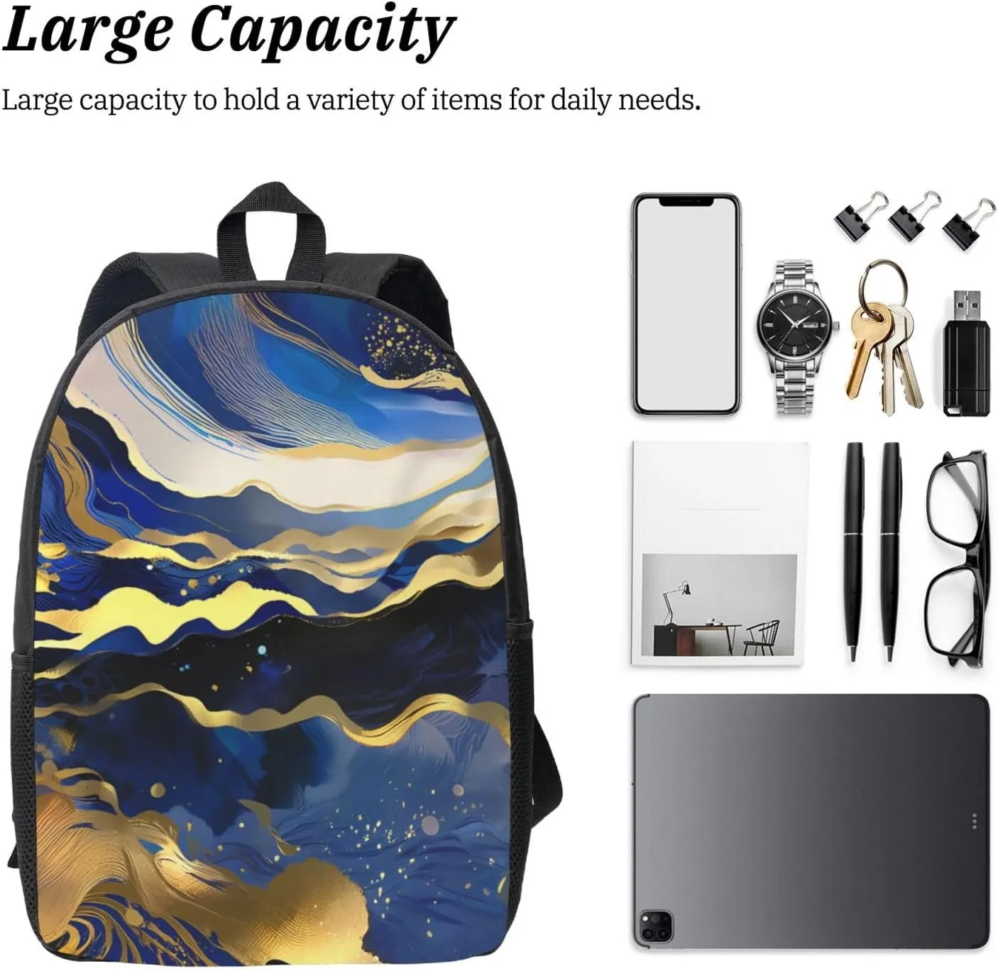 Stylish 17 Inch Oxford Laptop Backpack Ideal for Outdoor Gym and Travel, Compatible with Abstract Paint Gold Glitter Blue Marble