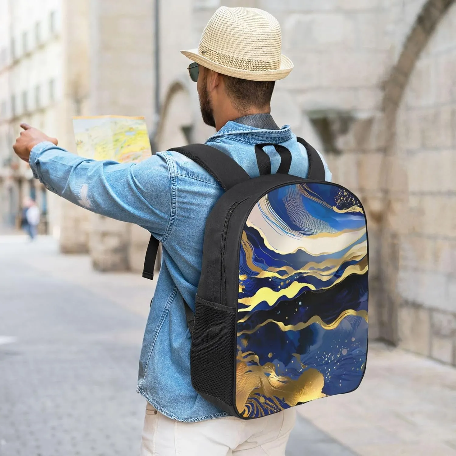 Stylish 17 Inch Oxford Laptop Backpack Ideal for Outdoor Gym and Travel, Compatible with Abstract Paint Gold Glitter Blue Marble