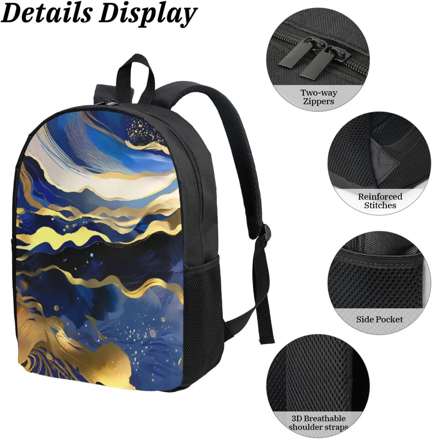 Stylish 17 Inch Oxford Laptop Backpack Ideal for Outdoor Gym and Travel, Compatible with Abstract Paint Gold Glitter Blue Marble