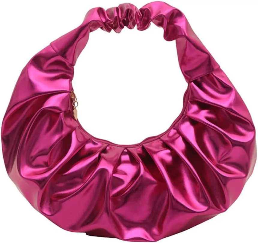 Stylish Metal Bright PU Cloud Bag Pleated Purse Shoulder Bag Elegant Underarm Bag Hobo Clutch Purse Small Tote For Women